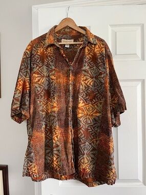 Johari West Batik Print Button-Up Shirt in Rust blue Olive